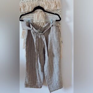 St John Sport Linen Wide Leg Striped Pants Belted Brown White Size 12